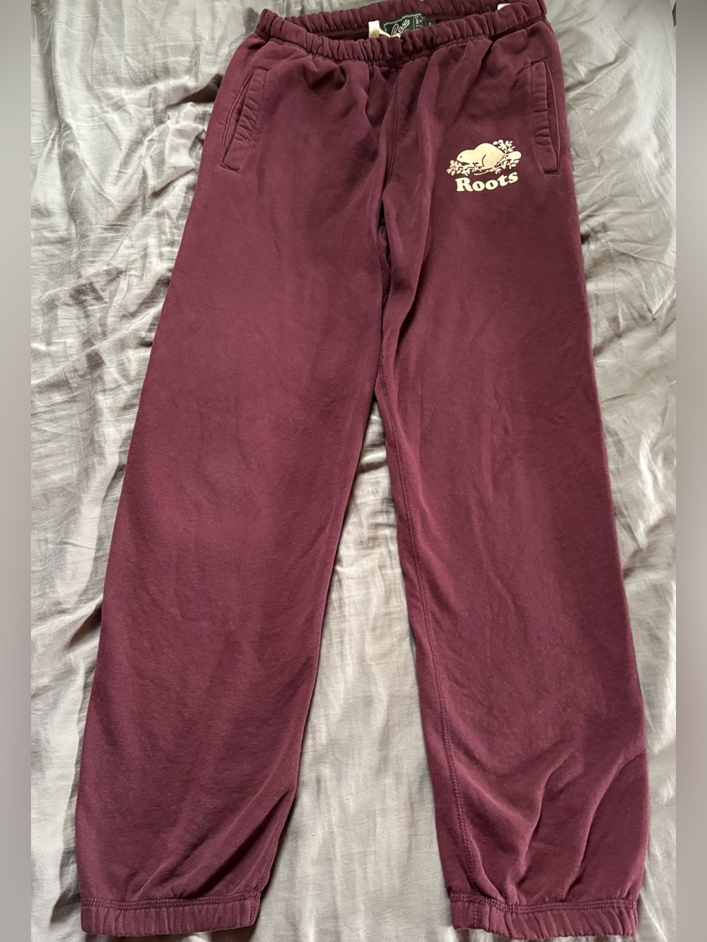 Roots XS Burgundy Sweatpants with Cream Logo